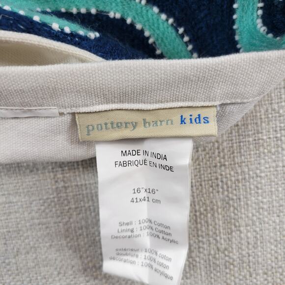 Pottery Barn Kids Pillowcase 16x16 Blue Beaded Octopus Embroidered Cotton Square - Picture 2 of 15